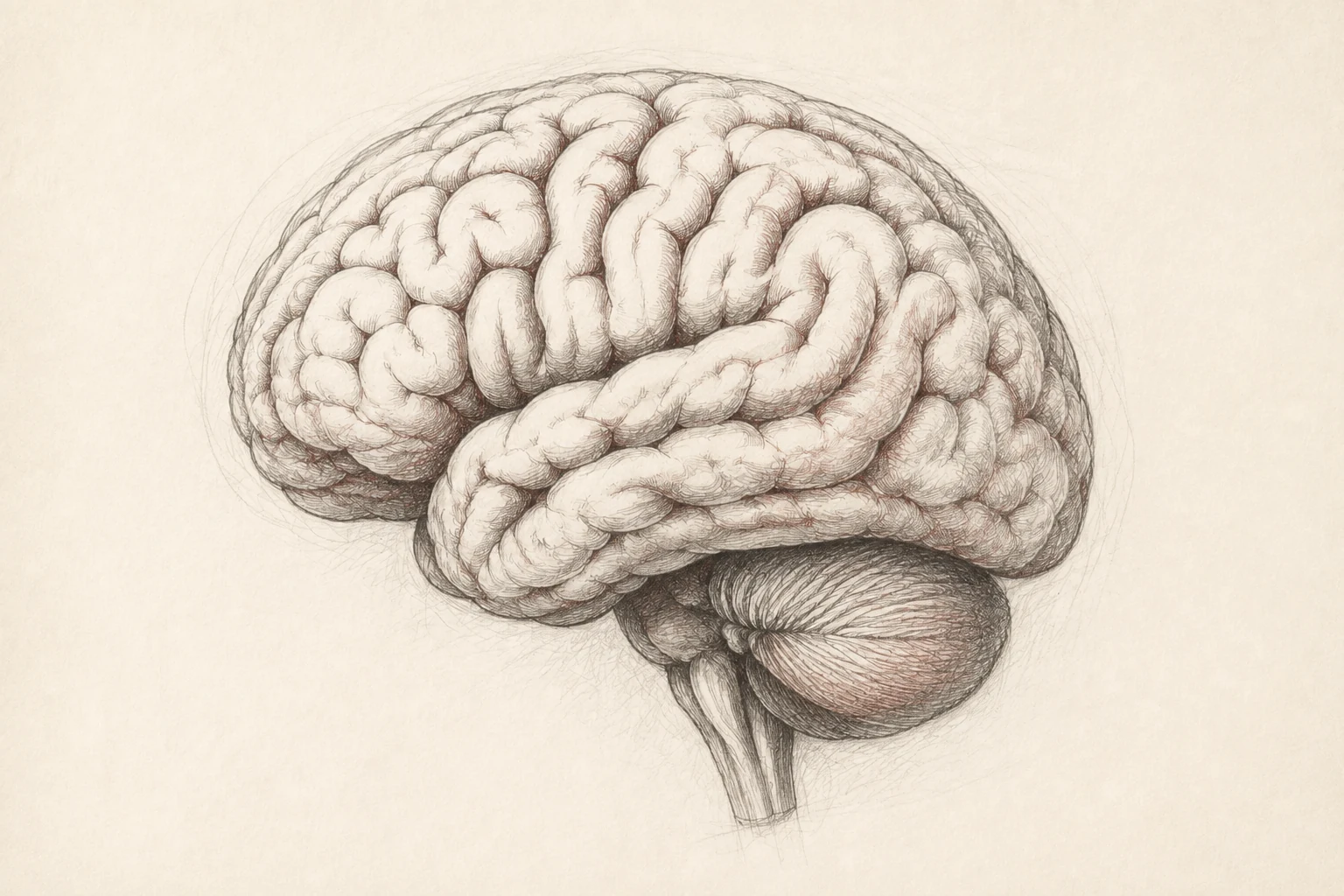Pencil illustration of the human brain with maroon accents